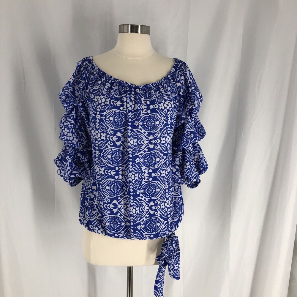 CECE Blue Floral Tiered Puff Sleeve Off Shoulder Waist Tie Blouse Sz Medium